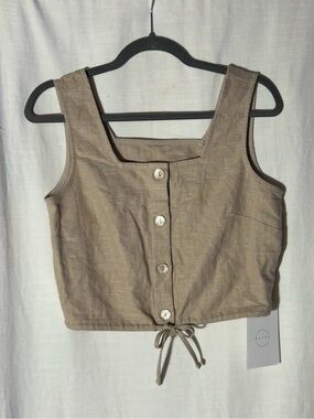 OLIVE NWT 100% Linen Cropped Neutral Button Down Tie Waist Tank Top